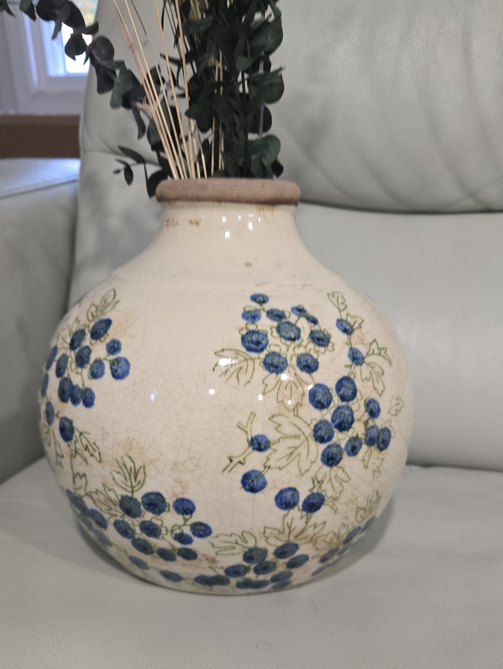 Round Ceramic Vase with Blue Berry Motif